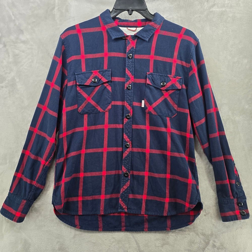Topo‎ Designs Mens Large Flannel Shirt Navy Red Plaid Organic Cotton Long Sleeve - Picture 2 of 9